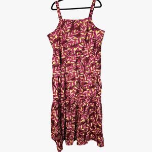 Nordstrom 2X Plus Size 100% Cotton Leaf Print Midi Tank Ruffle Dress Purple Pink